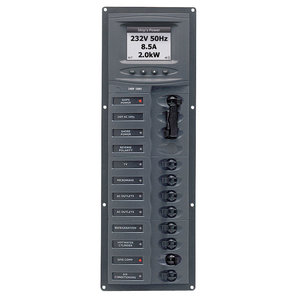 BEP AC Circuit Breaker Panel wDigital Meters 8SP 2DP AC230V ACSM Stainless Steel Vertical 900AC2VACSM