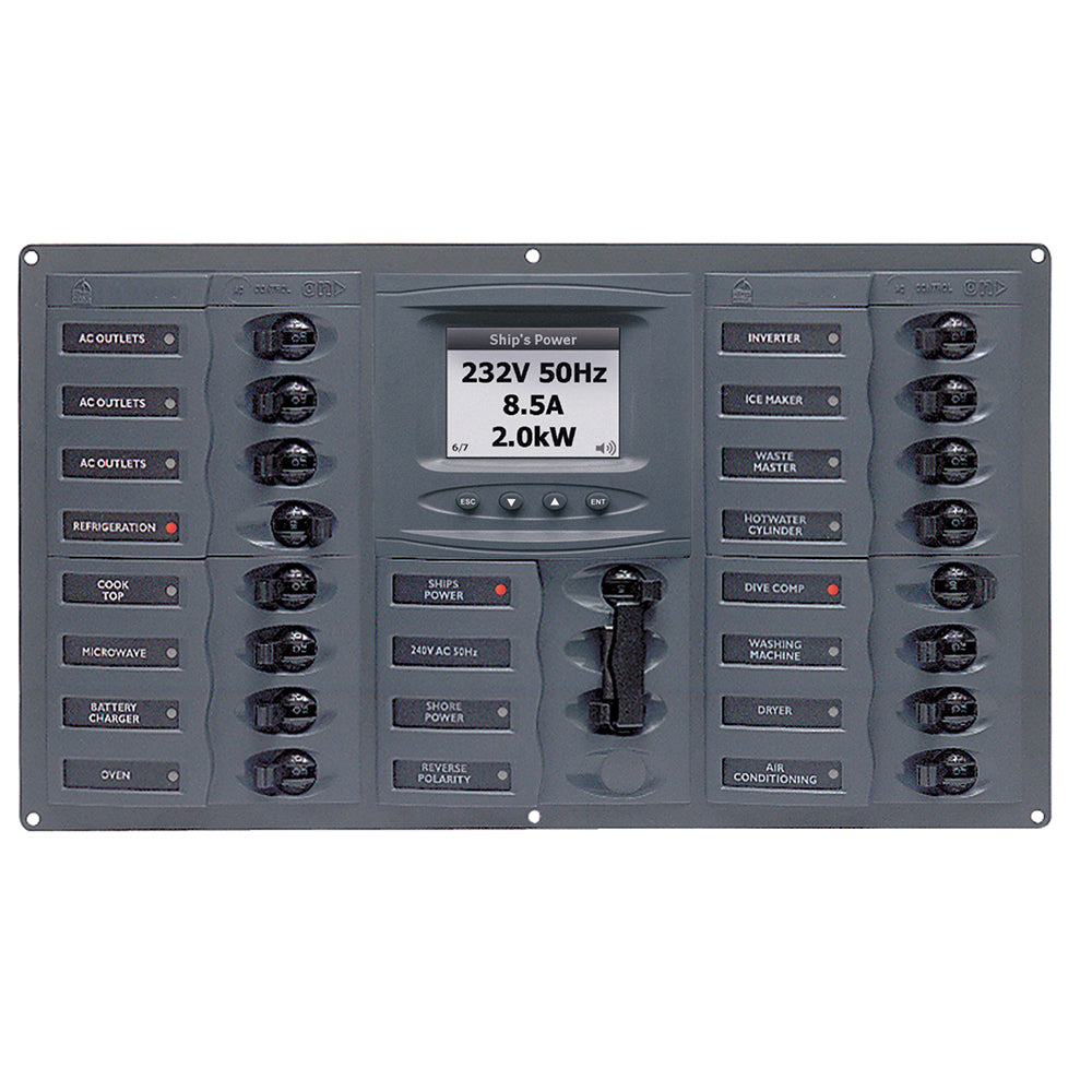 BEP AC Circuit Breaker Panel wDigital Meters 16SP 2DP AC230V ACSM Stainless Steel Horizontal 900AC4ACSM