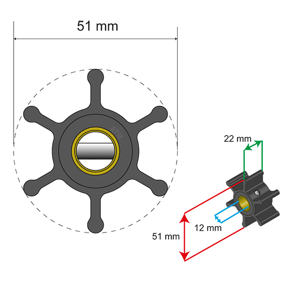 Albin Group Premium Impeller Kit 51 x 22 x 12mm 6 Blade Pin Insert 0601005