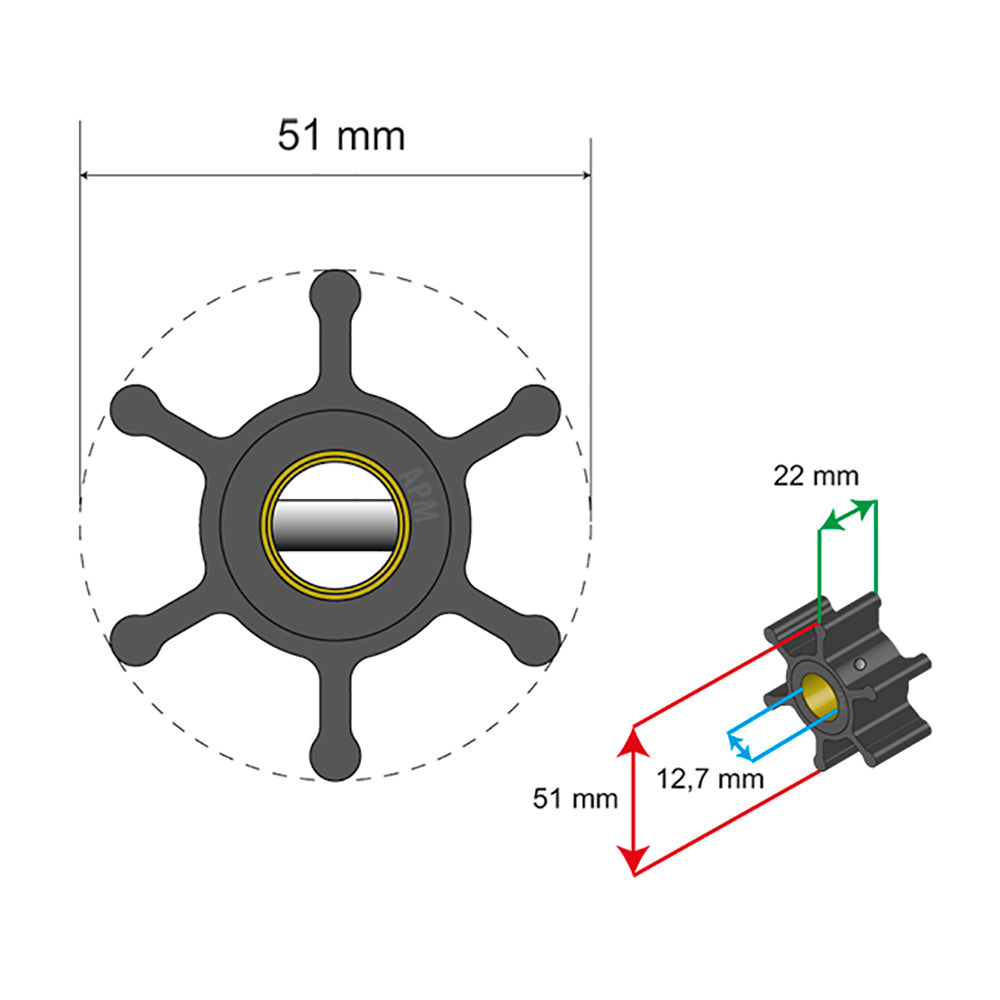 Albin Group Premium Impeller Kit 51 x 22 x 127mm 6 Blade Pin Insert 0601006