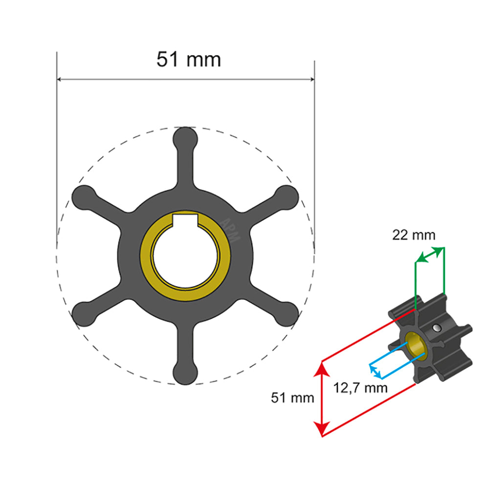 Albin Group Premium Impeller Kit 51 x 127 x 22mm 6 Blade Key Insert 0601007