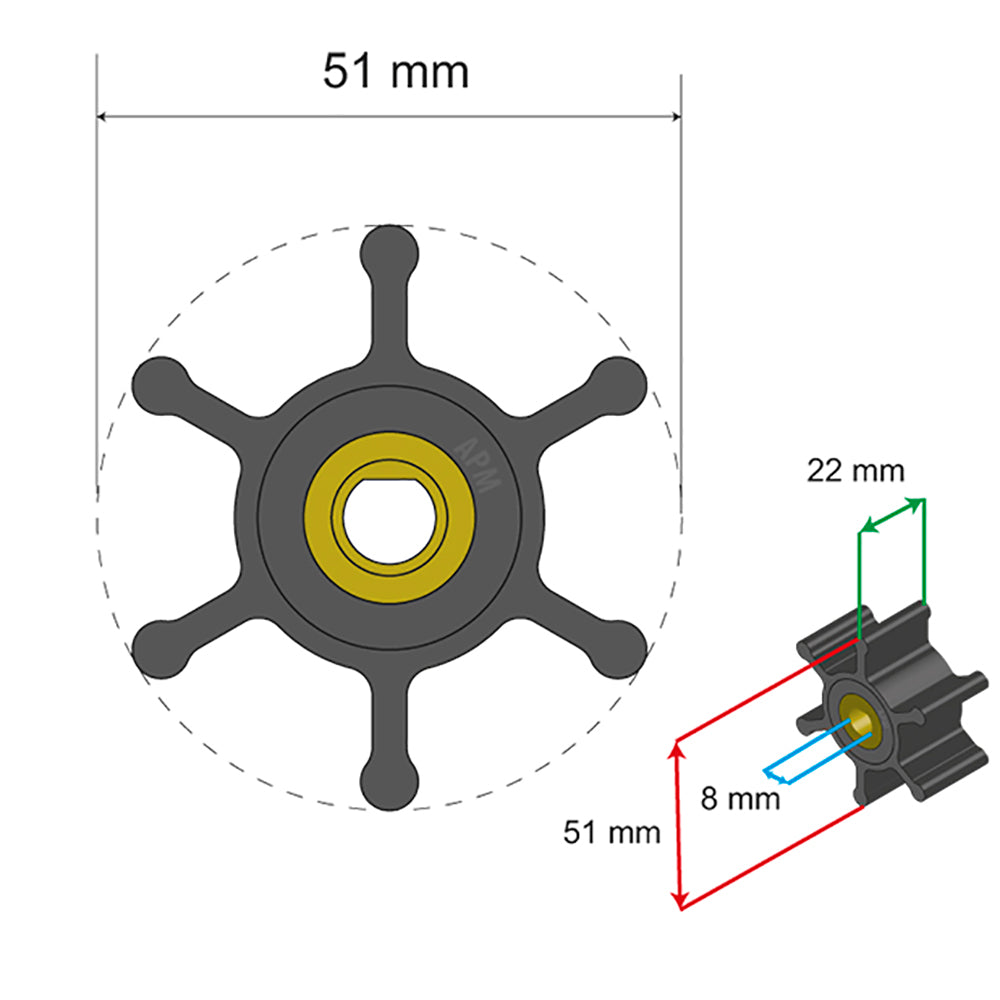 Albin Group Premium Impeller Kit 51 x 8 x 22mm 6 Blade Single Flat Insert 0601008