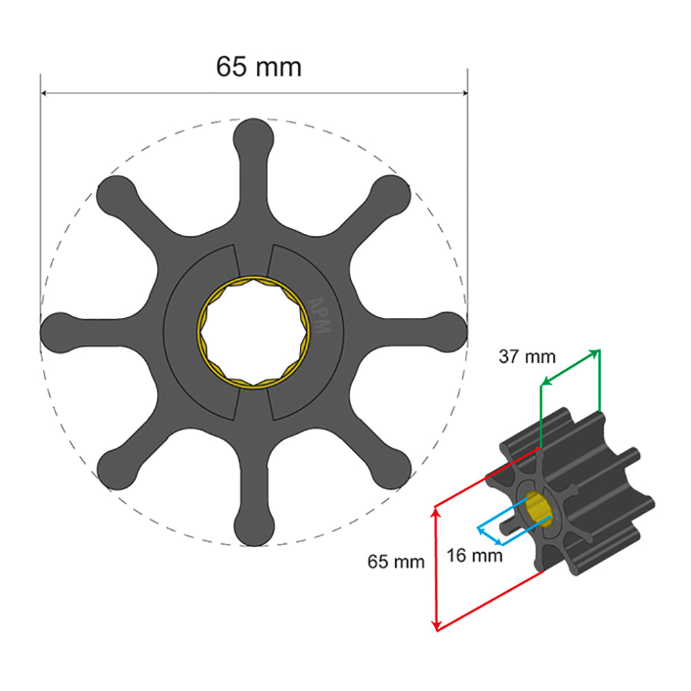 Albin Group Premium Impeller Kit 65 x 16 x 37mm 8 Blade Spline Insert 0601017
