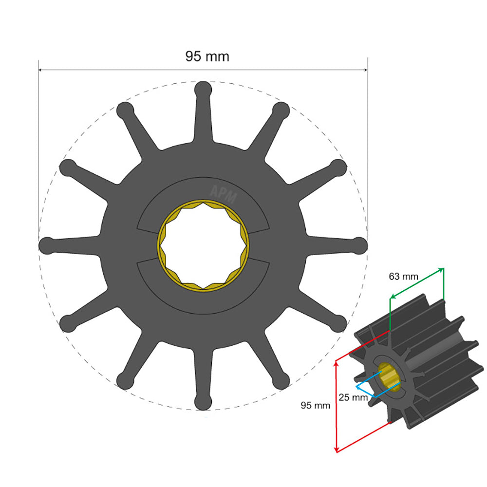 Albin Group Premium Impeller 95 x 25 x 63mm 12 Blade Spline Insert 0602028