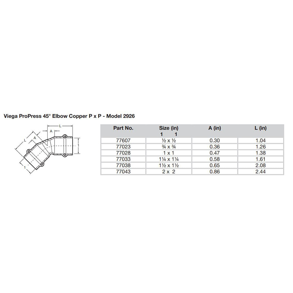 Viega ProPress 114 45 Copper Elbow Double Press Connection Smart Connect Technology 77033