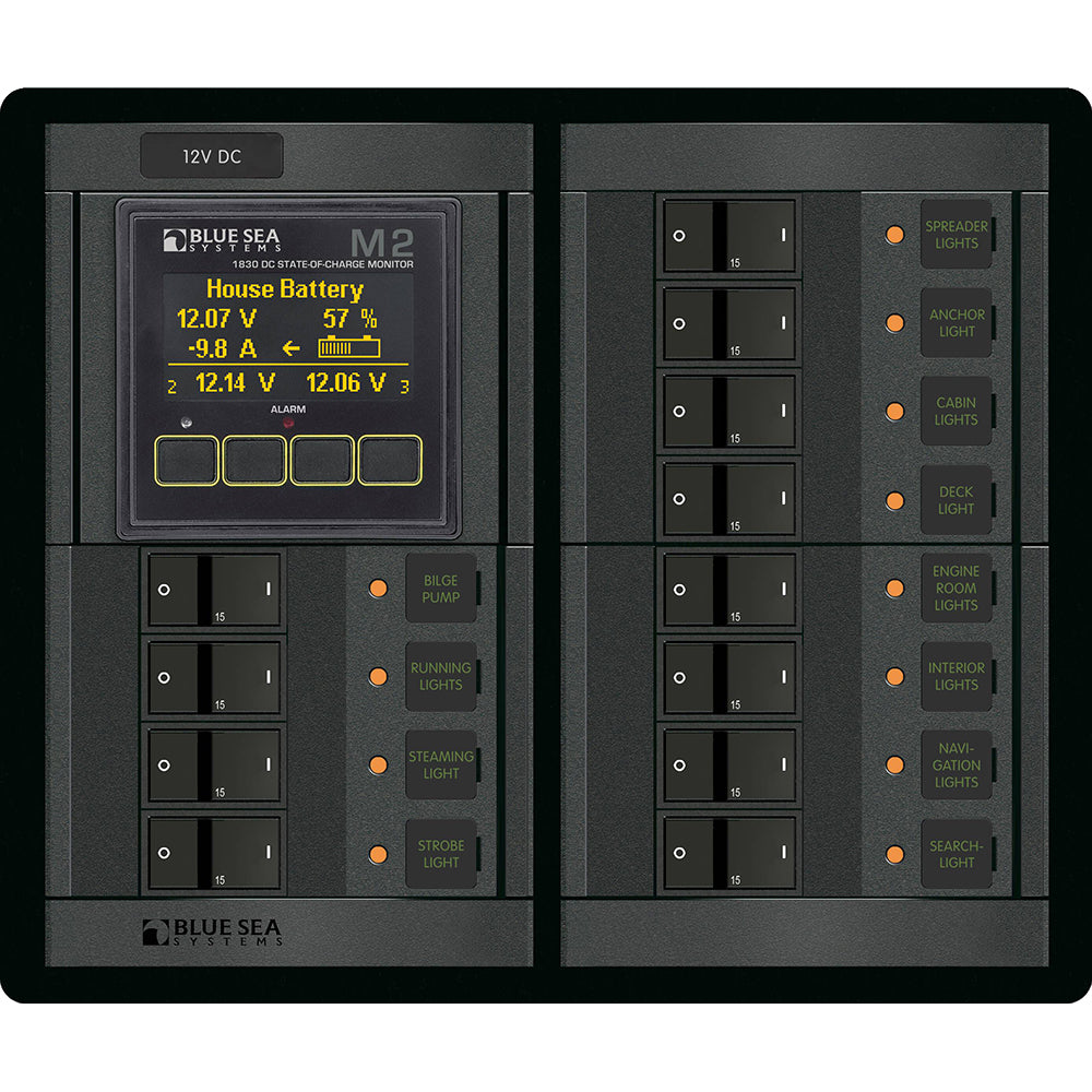 Blue Sea 1496 360 Panel 12 Position 12V Flat Rocker M2 Multimeter wSOC 1496