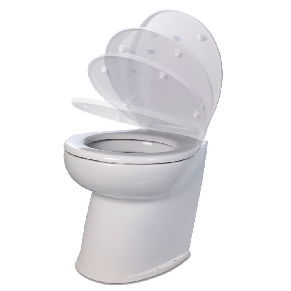 Jabsco Deluxe Flush 14 Angled Back 24V Raw Water Electric Marine Toilet wRemote Rinse Pump Soft Close Lid 582603024