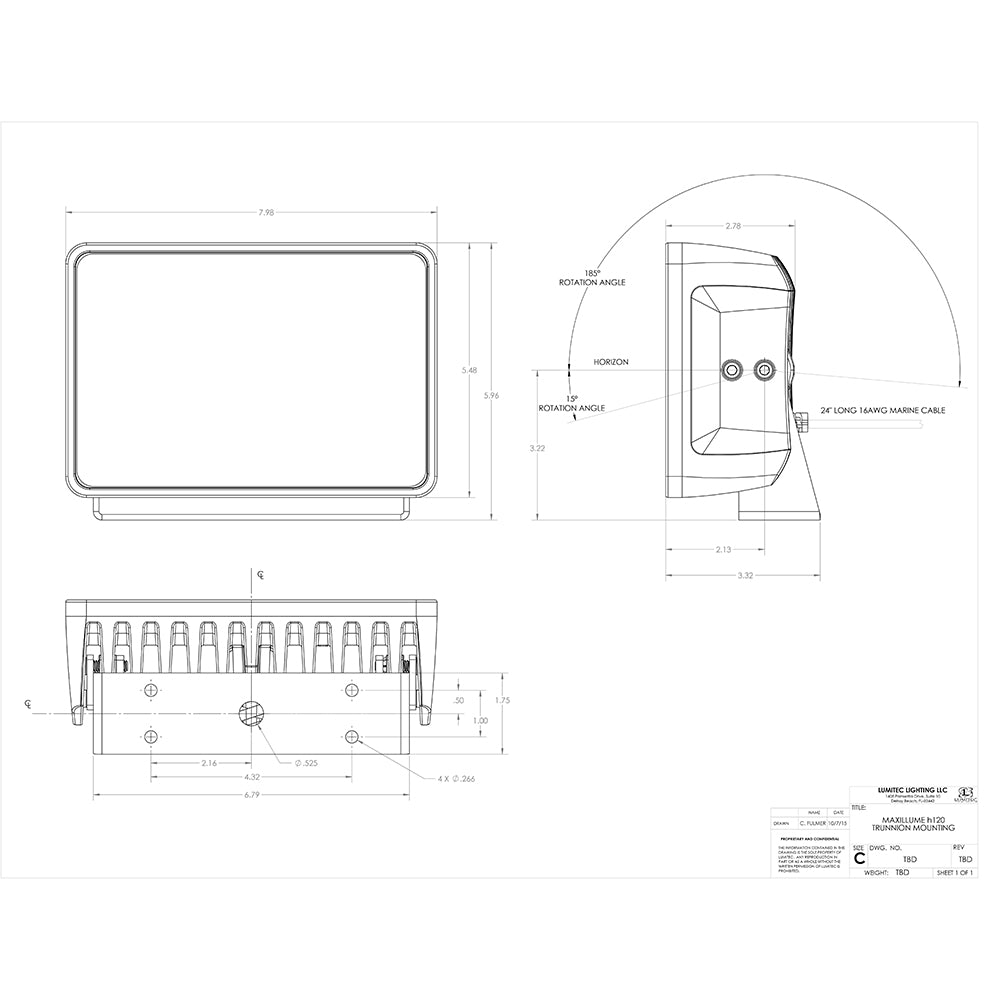 Lumitec Maxillume h120  Trunnion Mount Flood Light  Black Housing  White Dimming 101347