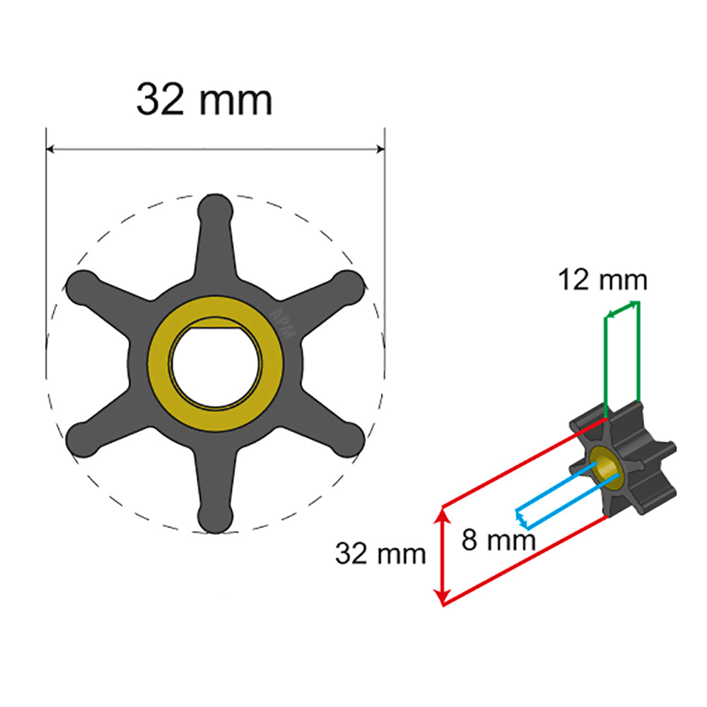 Albin Group Premium Impeller Kit  32 x 8 x 12mm  6 Blade  Single Flat Insert 0601001