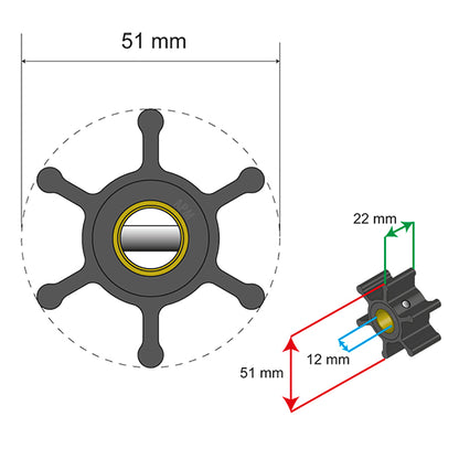 Albin Group Premium Impeller Kit  51 x 22 x 12mm  6 Blade  Pin Insert 0601005