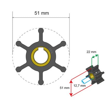 Albin Group Premium Impeller Kit  51 x 127 x 22mm  6 Blade  Key Insert 0601007