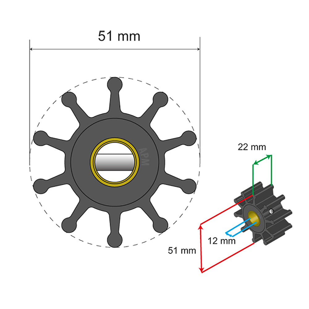 Albin Group Premium Impeller Kit  51 x 12 x 22mm  10 Blade  Pin Insert 0601010