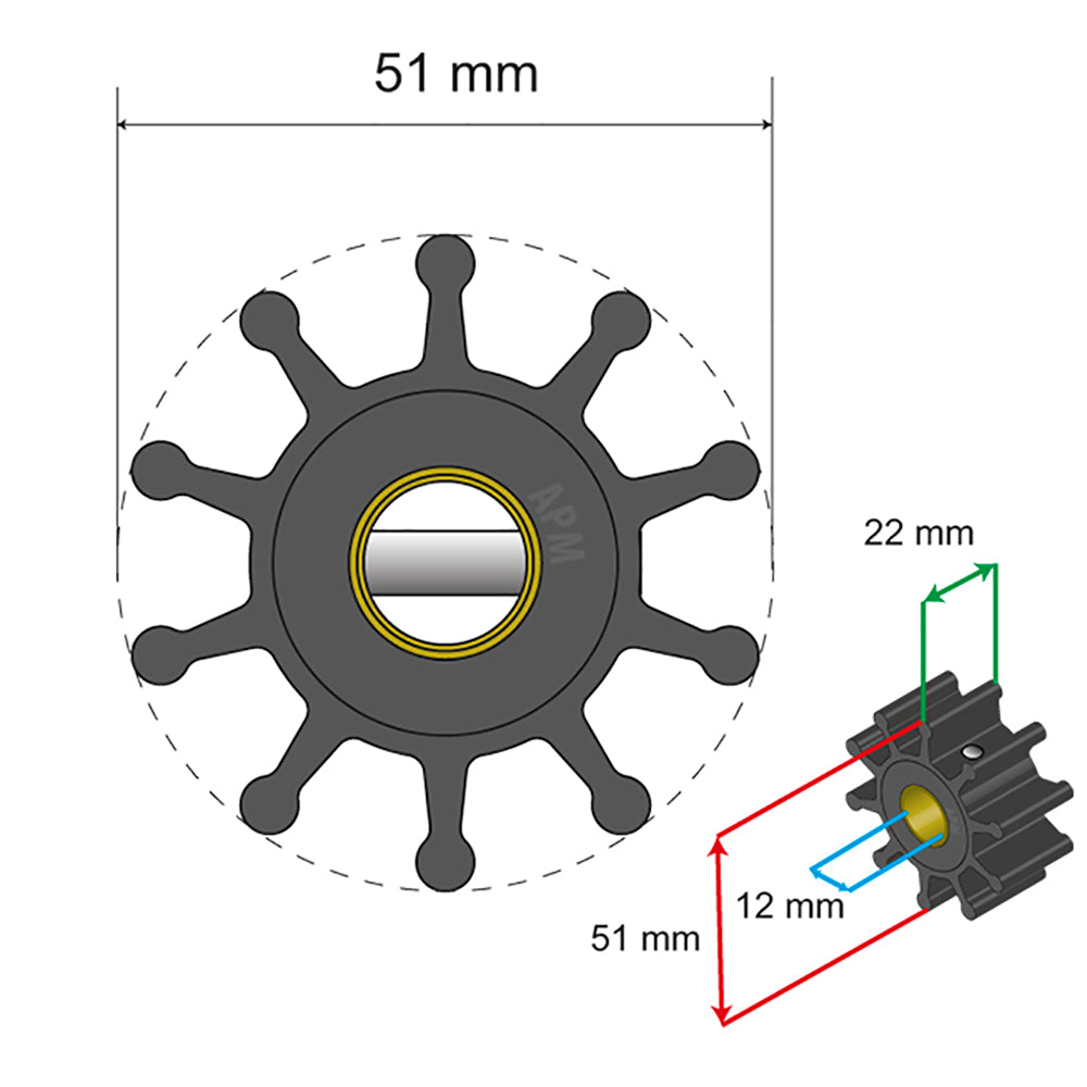 Albin Group Premium Impeller Kit  51 x 127 x 22mm  10 Blade  Pin Insert 0601011