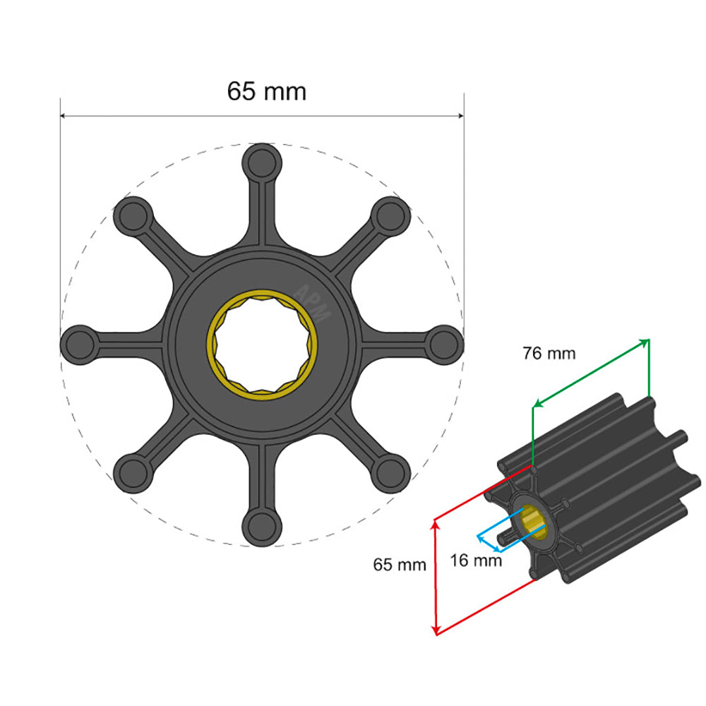 Albin Group Premium Impeller Kit 65 x 16 x 76mm  8 Blade  Spline Insert 0602024