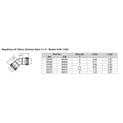 Viega MegaPress 12 45 Stainless Steel 304 Elbow  Double Press Connection  Smart Connect Technology 95055