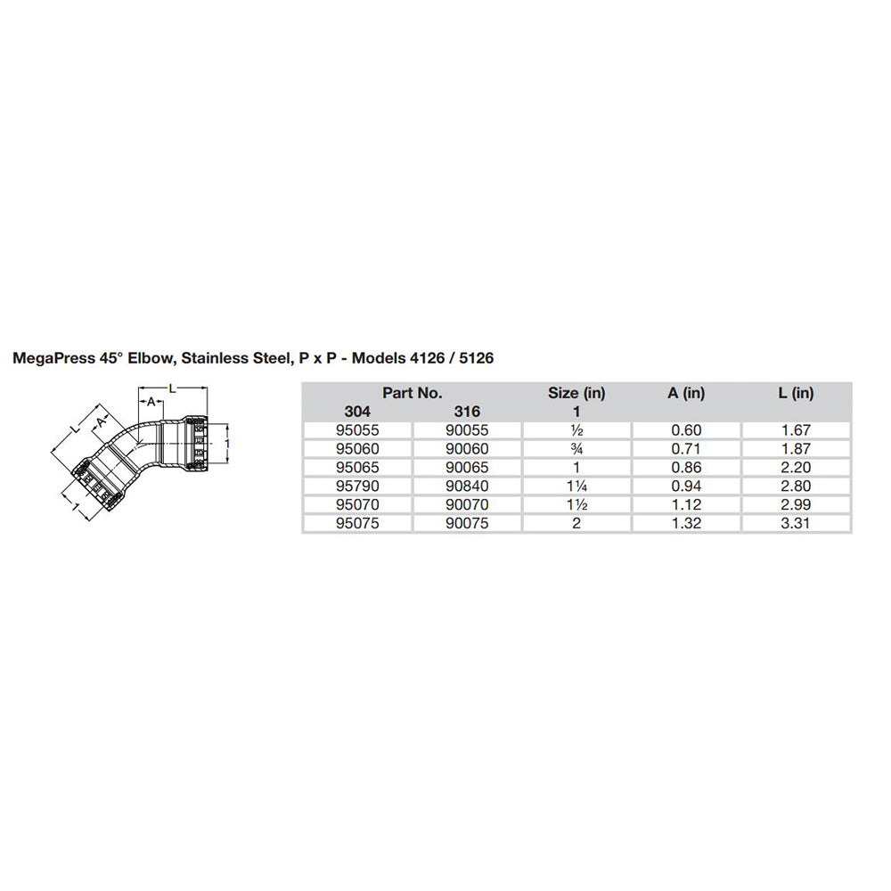 Viega MegaPress 1 45 Stainless Steel 304 Elbow  Double Press Connection  Smart Connect Technology 95065