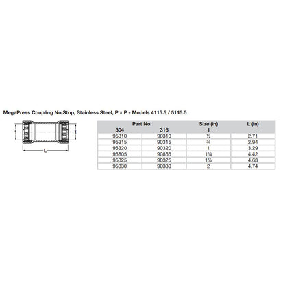 Viega MegaPress 1 Stainless Steel 304 Coupling wo Stop  Double Press Connection  Smart Connect Technology 95320