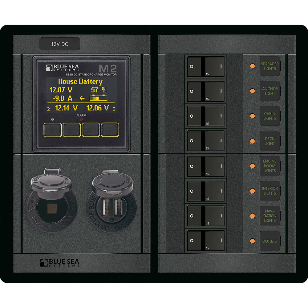 Blue Sea 1497  360 Panel  8 Position 12V Flat Rocker M2 Multimeter wSOC  Dual USB12V Socket 1497