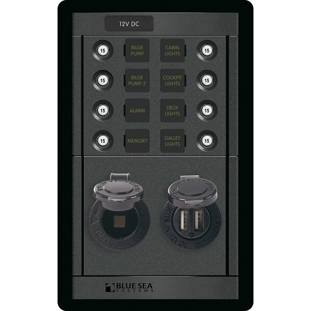 Blue Sea 1498  360 Panel  8 Position 12V Panel wDual USB  12V Socket 1498