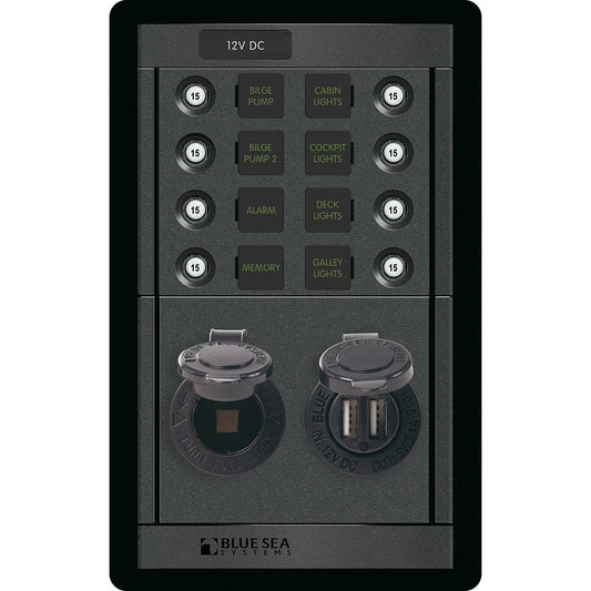 Blue Sea 1498  360 Panel  8 Position 12V Panel wDual USB  12V Socket 1498