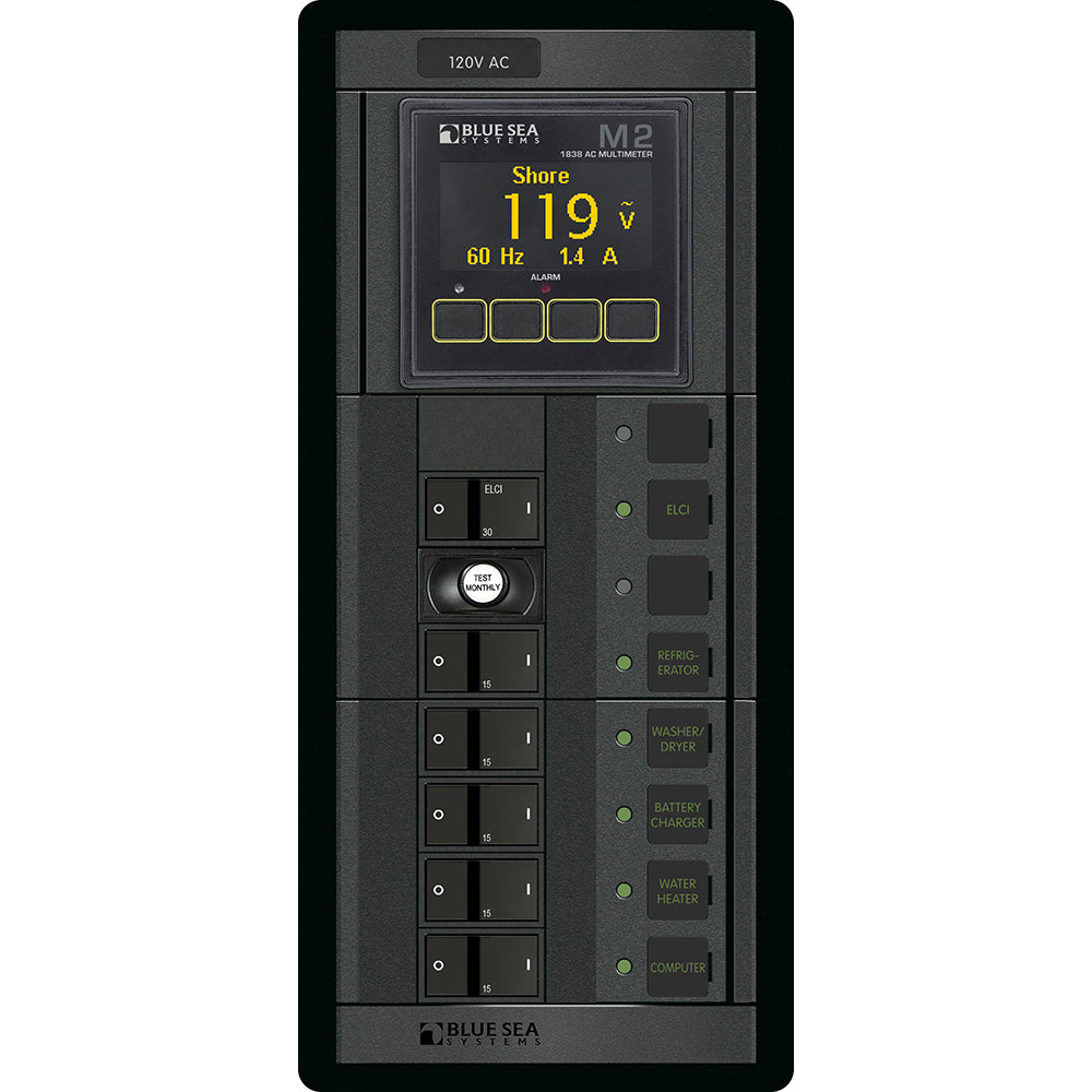 Blue Sea 1504  360 Panel  ELCI  5 Position 120V AC Flat Rocker wM2 AC Multimeter 1504