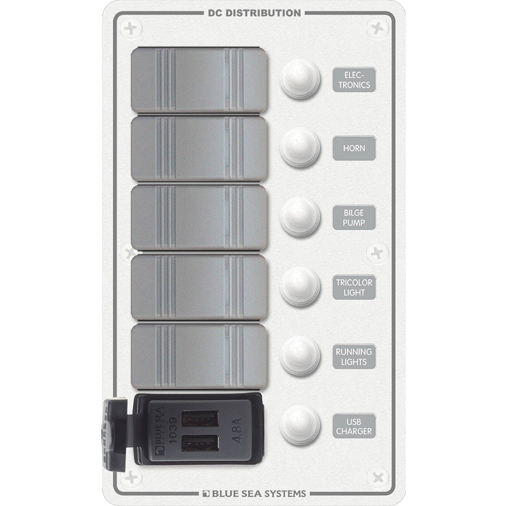 Blue Sea 8421  5 Position Contura Switch Panel wDual USB Chargers  1224V DC  White 8421
