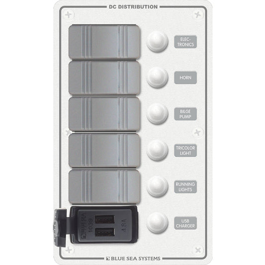 Blue Sea 8421  5 Position Contura Switch Panel wDual USB Chargers  1224V DC  White 8421